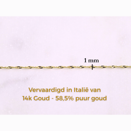 Singapore Ketting 1 mm 14k goud, specificaties en maatvoering, vervaardigd in Italië van 14k goud