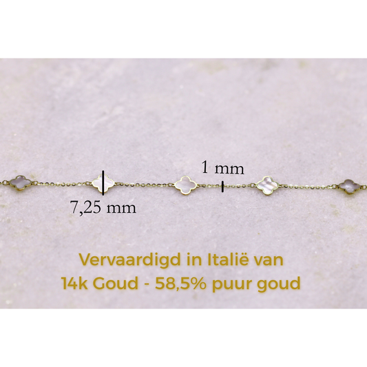 Klaver Parelmoer Ketting 1 mm 14k goud, specificaties en maatvoering, vervaardigd in Italië van 14k goud