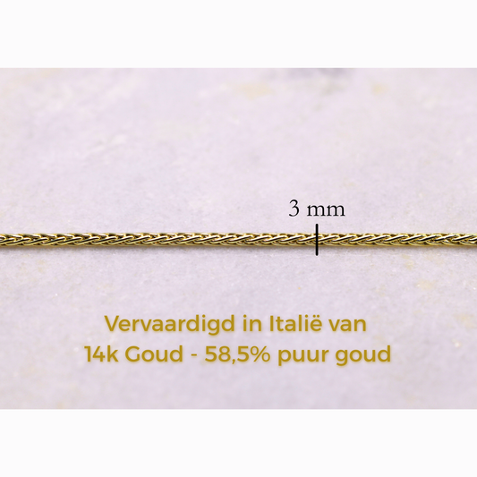 Gevlochten Vossenstaart armband 3 mm 14k goud, specificaties en maatvoering, vervaardigd in Italië van 14k goud