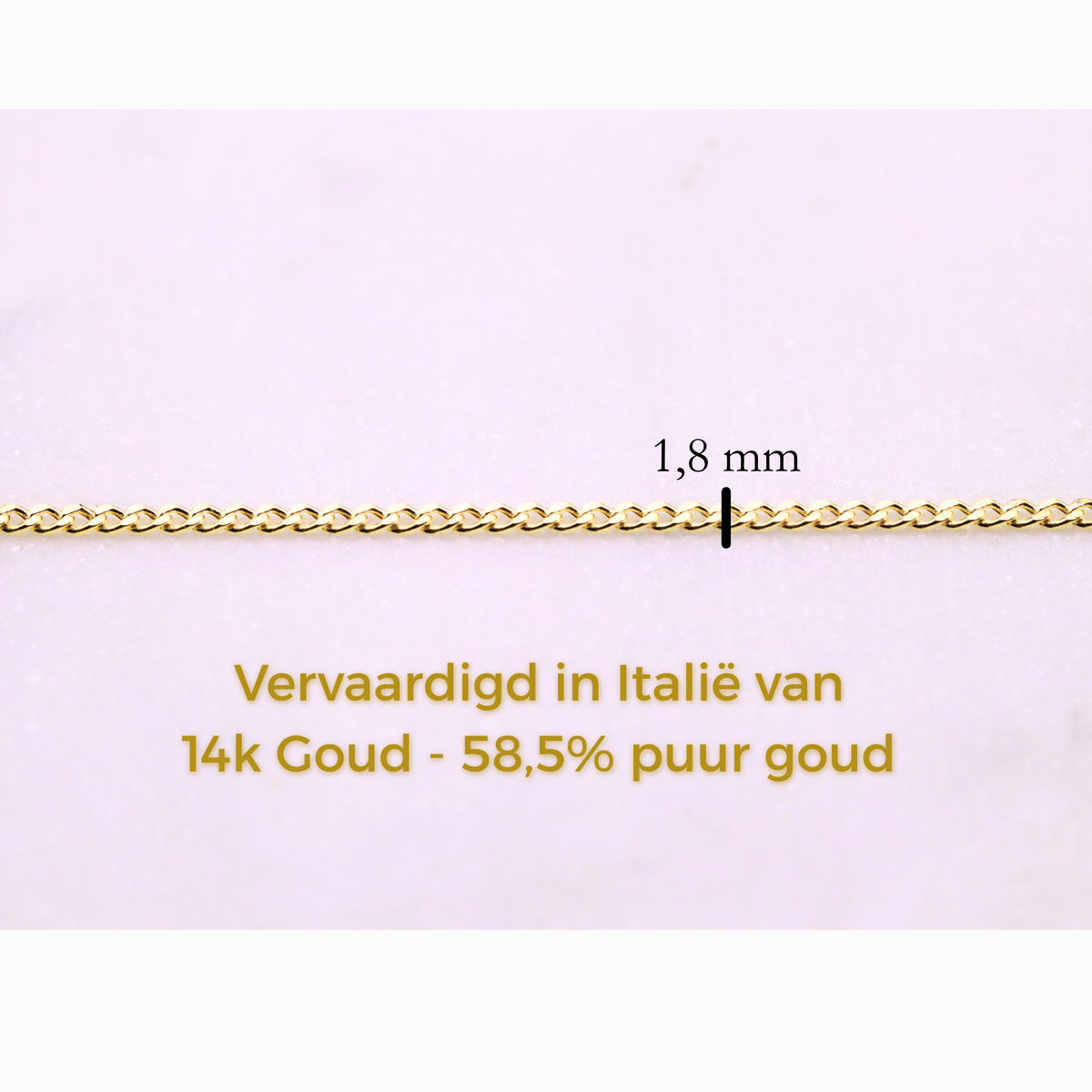 Gourmet ketting 2 mm 14k goud, specificaties en maatvoering, vervaardigd in Italië van 14k goud