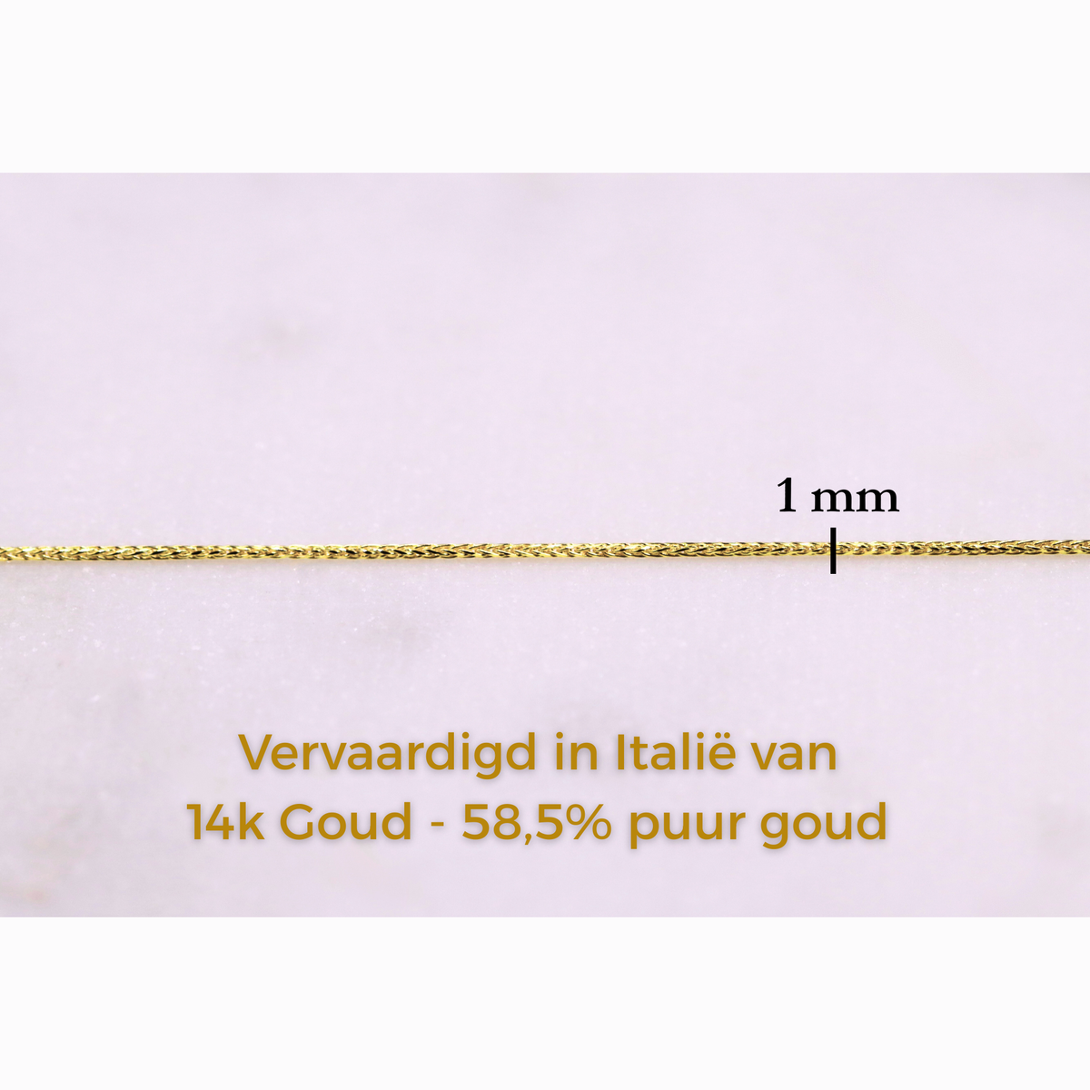 Vossenstaart Ketting (Wheat/Foxtail) 1 mm 14k goud, specificaties en maatvoering, vervaardigd in Italië van 14k goud