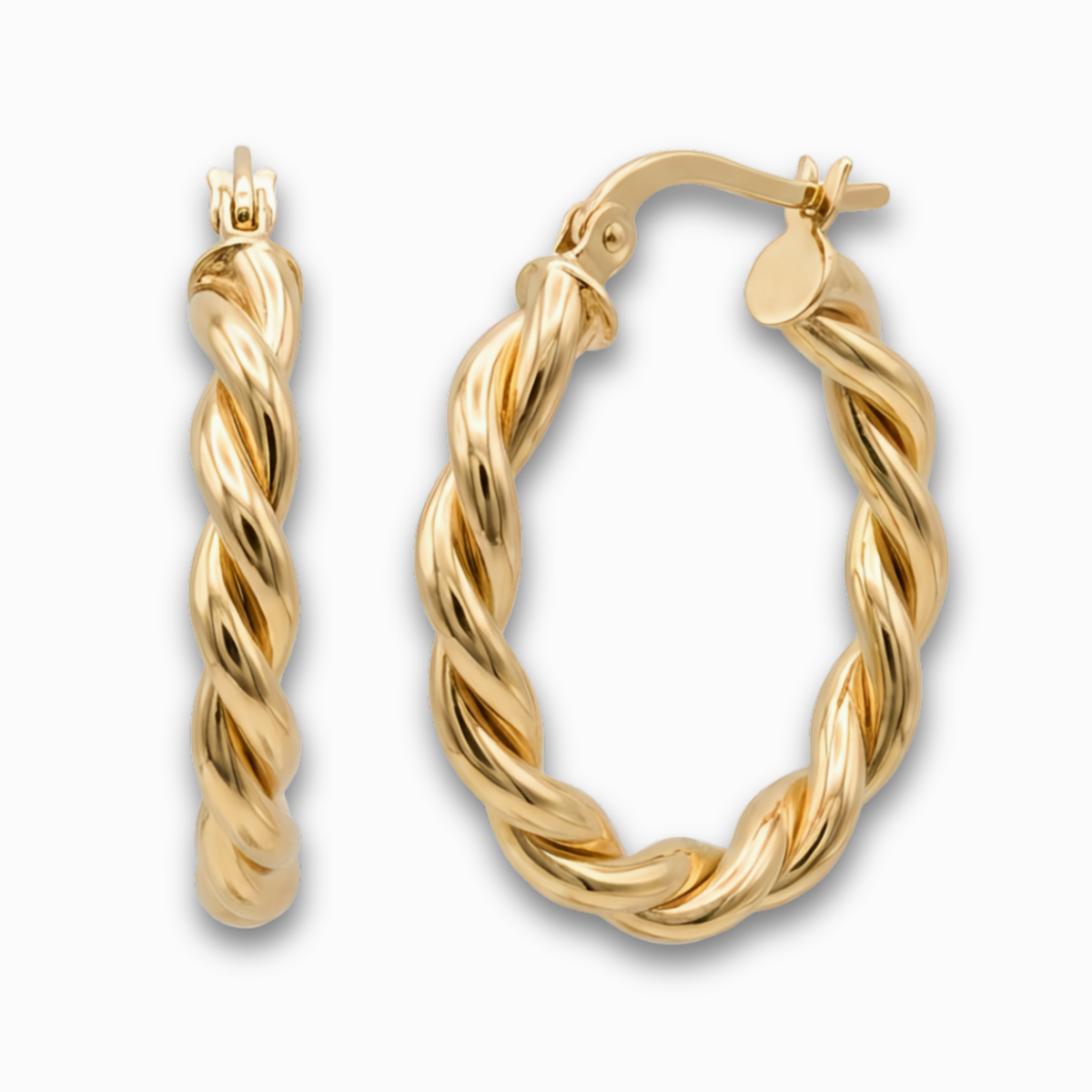 Gedraaide oorringen 22 mm 14k goud, productfoto voor- en zijaanzicht op witte achtergrond