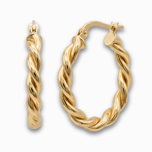 Gedraaide oorringen 22 mm 14k goud, productfoto voor- en zijaanzicht op witte achtergrond