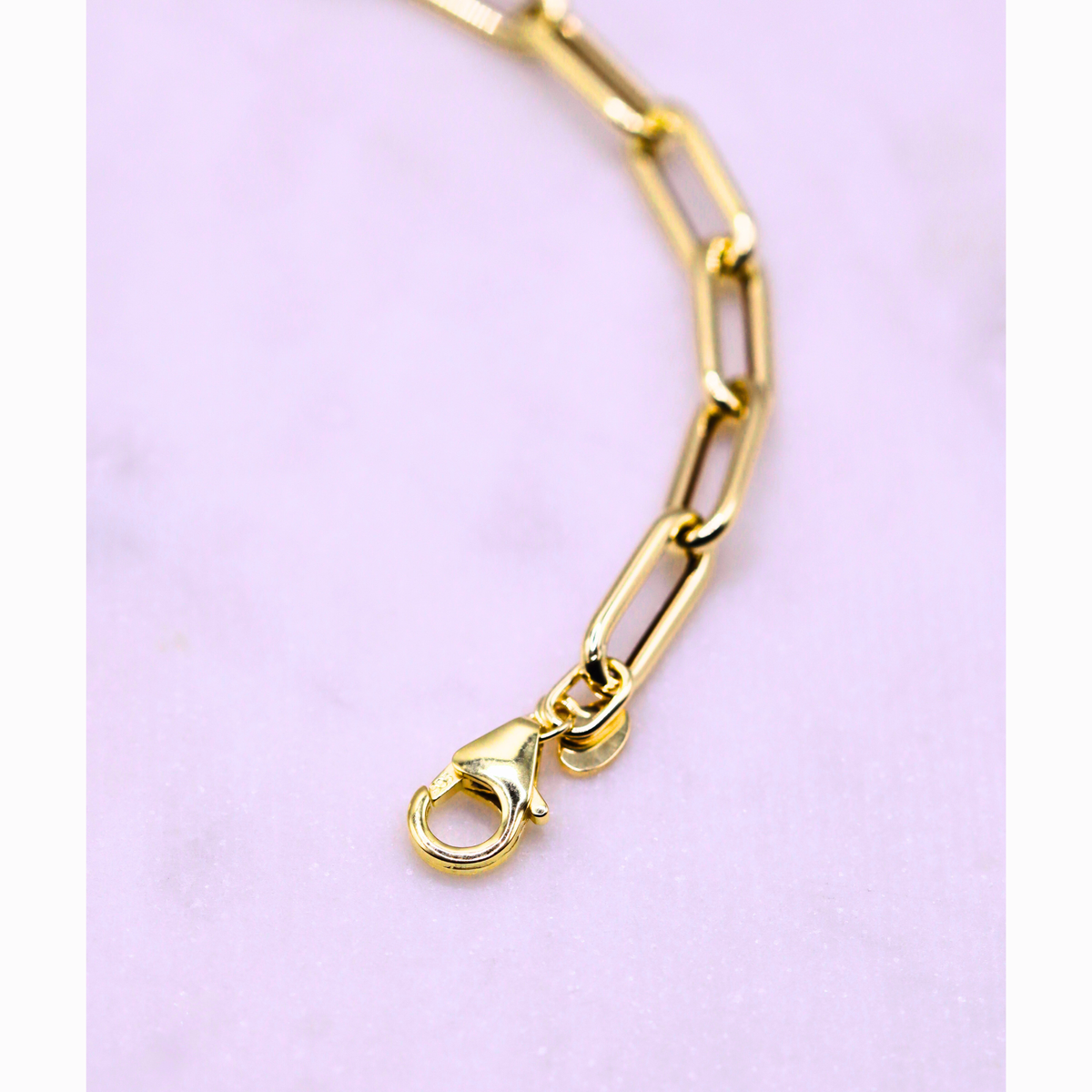Paperclip armband 5 mm 14k goud, detail van de karabijnsluiting
