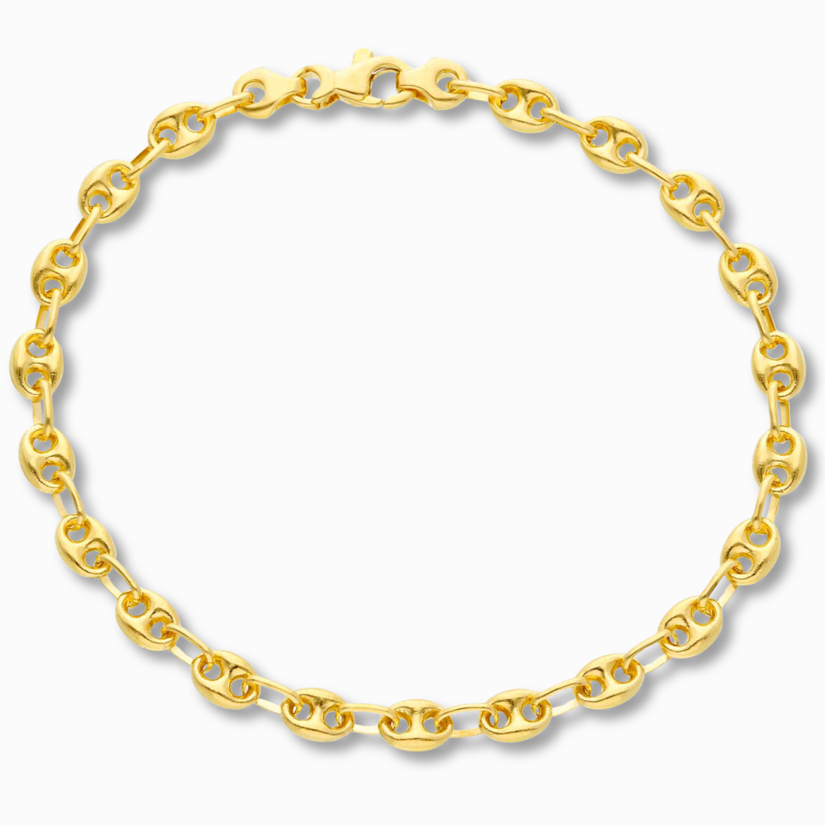 Koffieboon armband 5 mm 14k goud, productfoto in lus, sluiting bovenaan