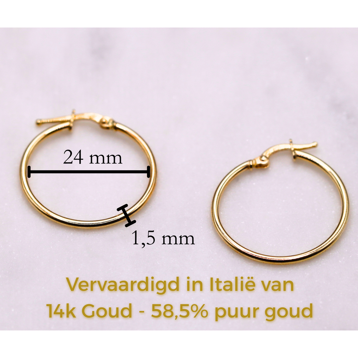 Creolen 24 mm 14k goud, specificaties en maatvoering, vervaardigd in Italië van 14k goud