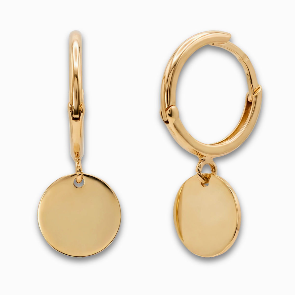 Oorhangers rond plaatje 12,5 mm 14k goud, productfoto voor- en zijaanzicht op witte achtergrond