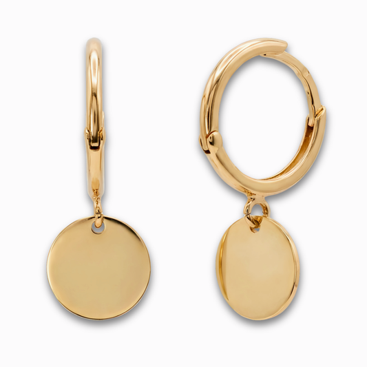 Oorhangers rond plaatje 12,5 mm 14k goud, productfoto voor- en zijaanzicht op witte achtergrond