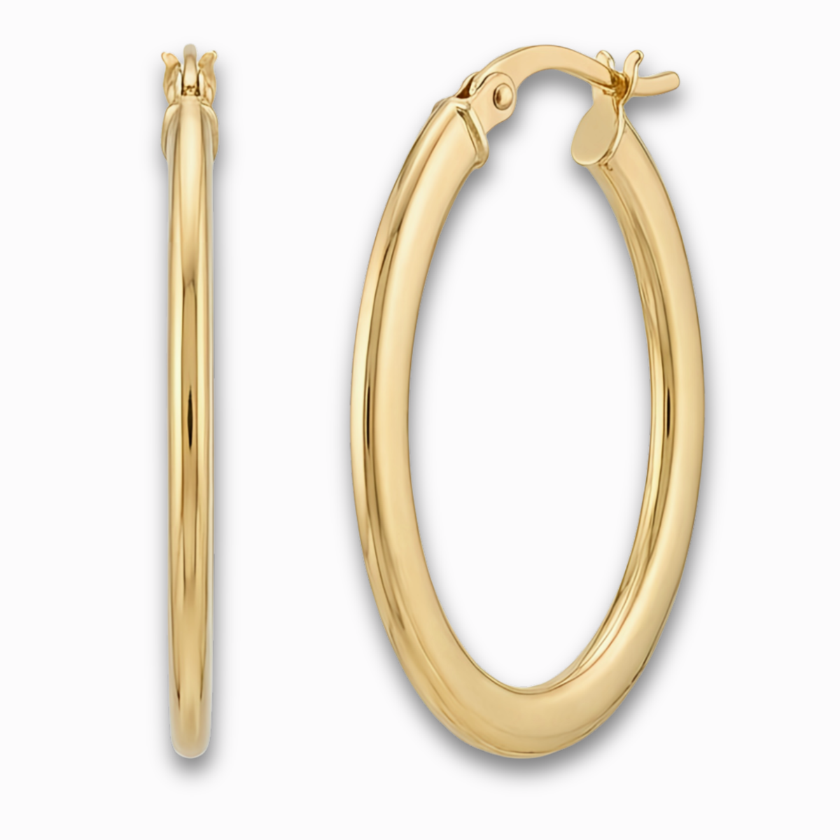 Platte creolen 24 mm 14k goud, productfoto voor- en zijaanzicht op witte achtergrond