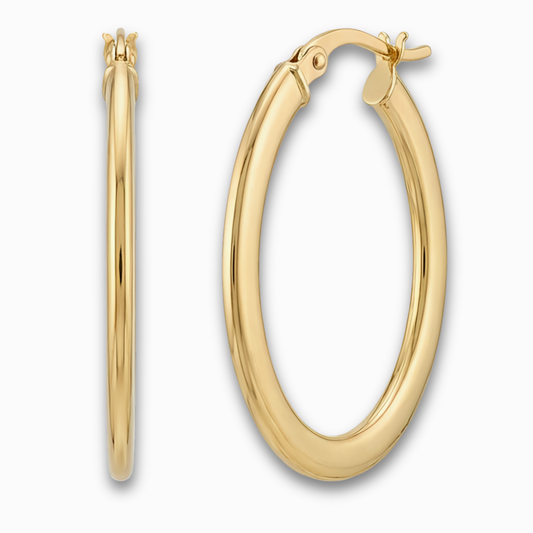 Platte creolen 24 mm 14k goud, productfoto voor- en zijaanzicht op witte achtergrond