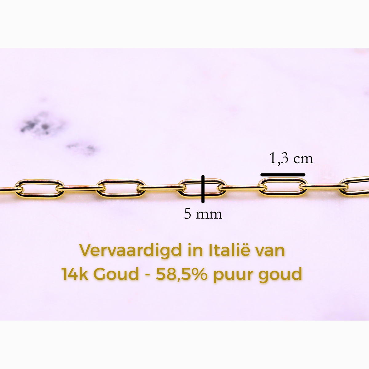 Paperclip armband 5 mm 14k goud, specificaties en maatvoering, vervaardigd in Italië van 14k goud