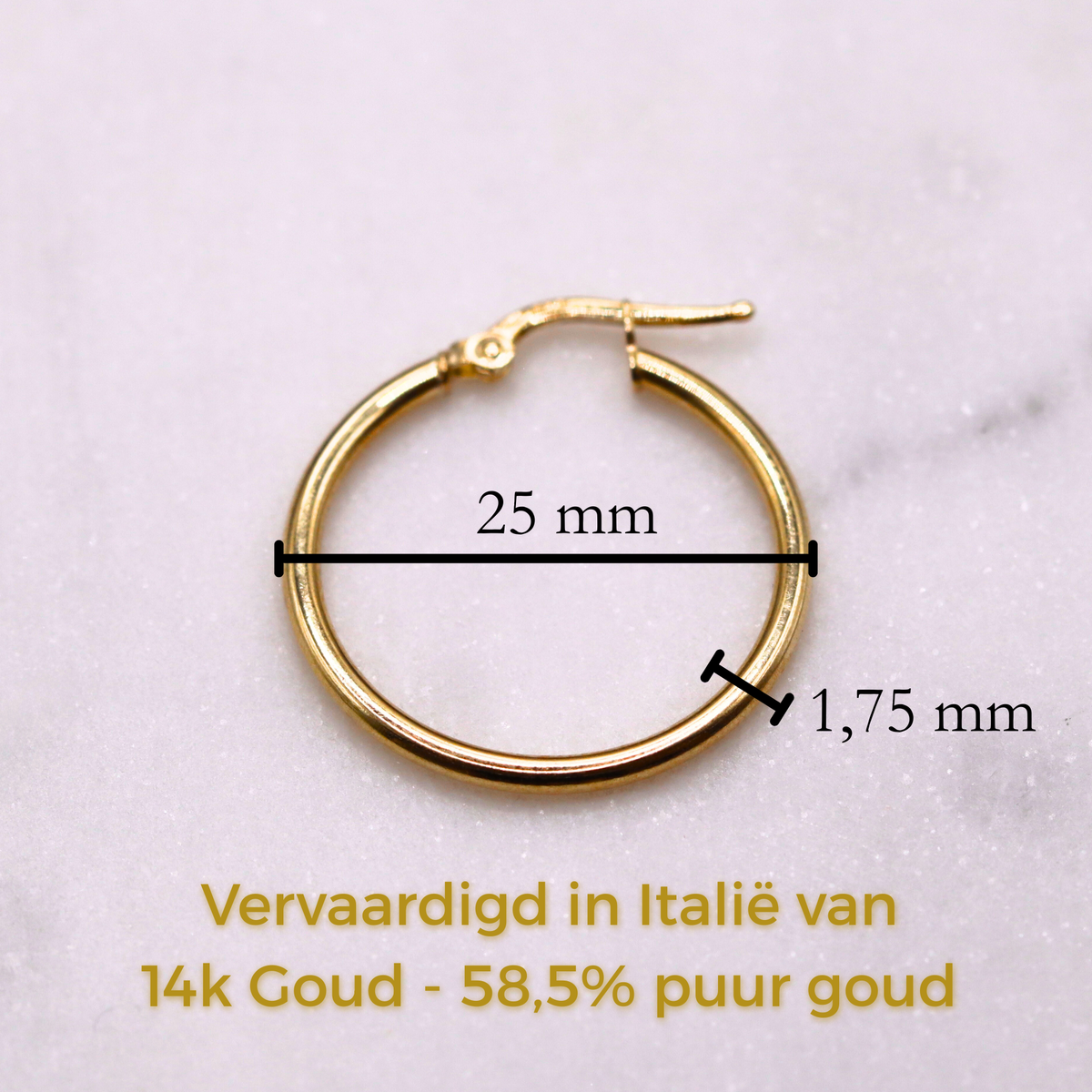 Creolen 25 mm 14k goud, specificaties en maatvoering, vervaardigd in Italië van 14k goud
