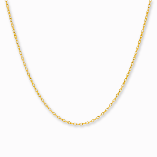 Anker schakelketting 0,6 mm 14k goud, hangend op witte achtergrond
