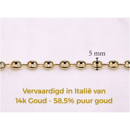 Koffieboon armband 5 mm 14k goud, specificaties en maatvoering, vervaardigd in Italië van 14k goud