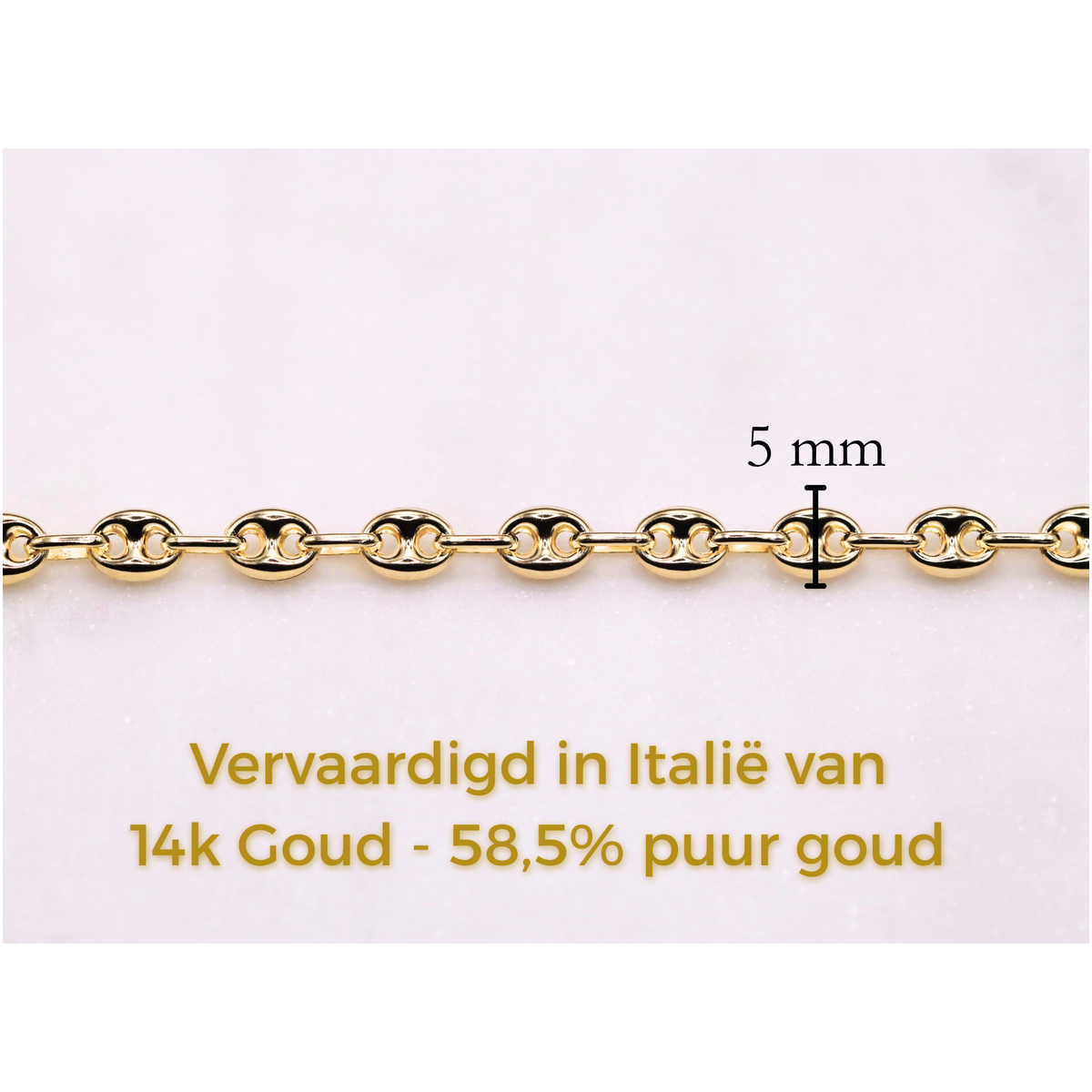 Koffieboon armband 5 mm 14k goud, specificaties en maatvoering, vervaardigd in Italië van 14k goud