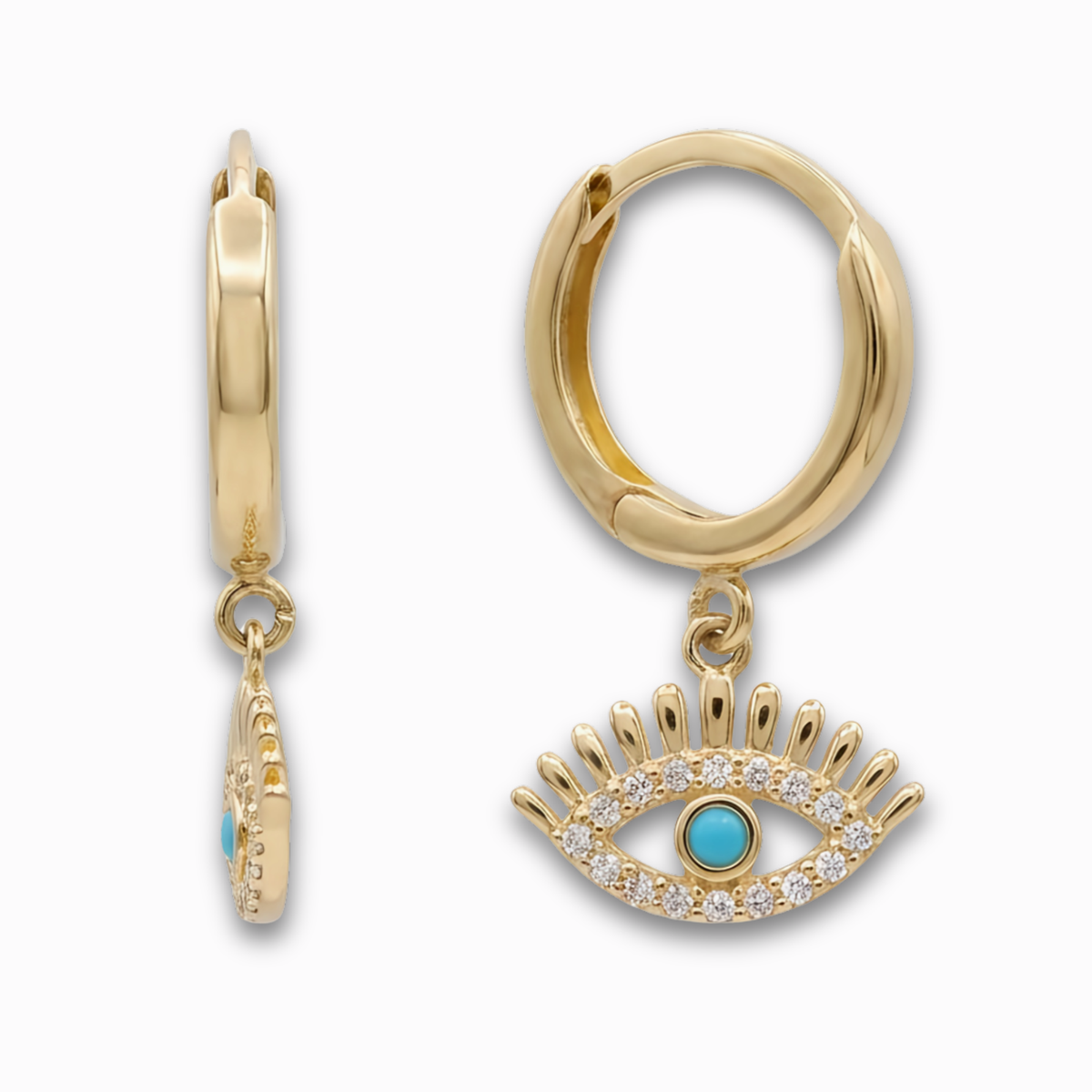 Oorhangers oogvorm 12,5 mm 14k goud, productfoto voor- en zijaanzicht op witte achtergrond