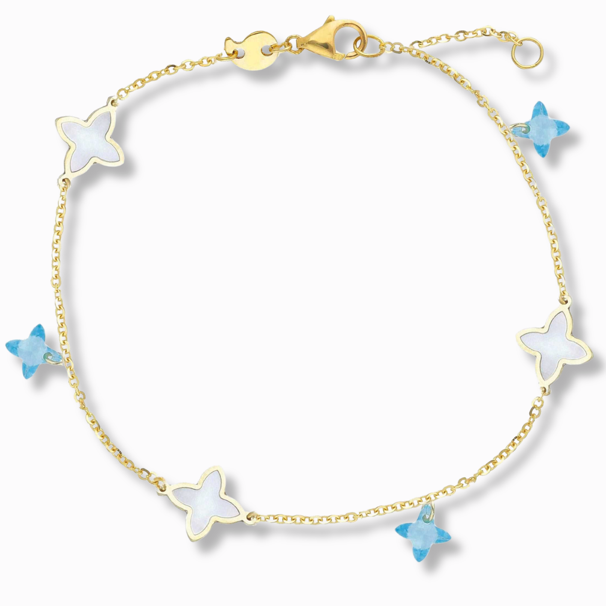 Klaver armband parelmoer & blauw detail 1 mm 9k goud, productfoto in lus, sluiting bovenaan