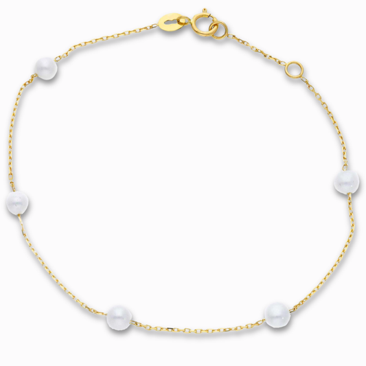 Parel armband fijne 4 mm parels 14k goud, productfoto in lus, sluiting bovenaan