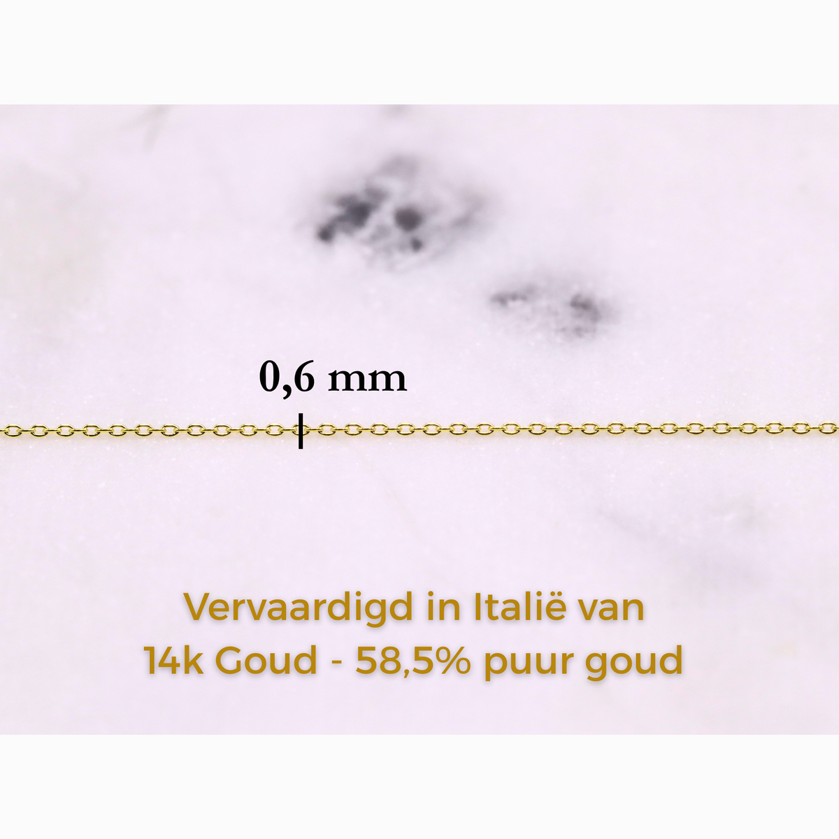 Anker schakelketting 0,6 mm 14k goud, specificaties en maatvoering, vervaardigd in Italië van 14k goud