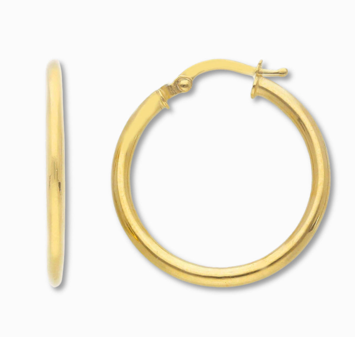 Creolen 24 mm 14k goud, productfoto voor- en zijaanzicht op witte achtergrond