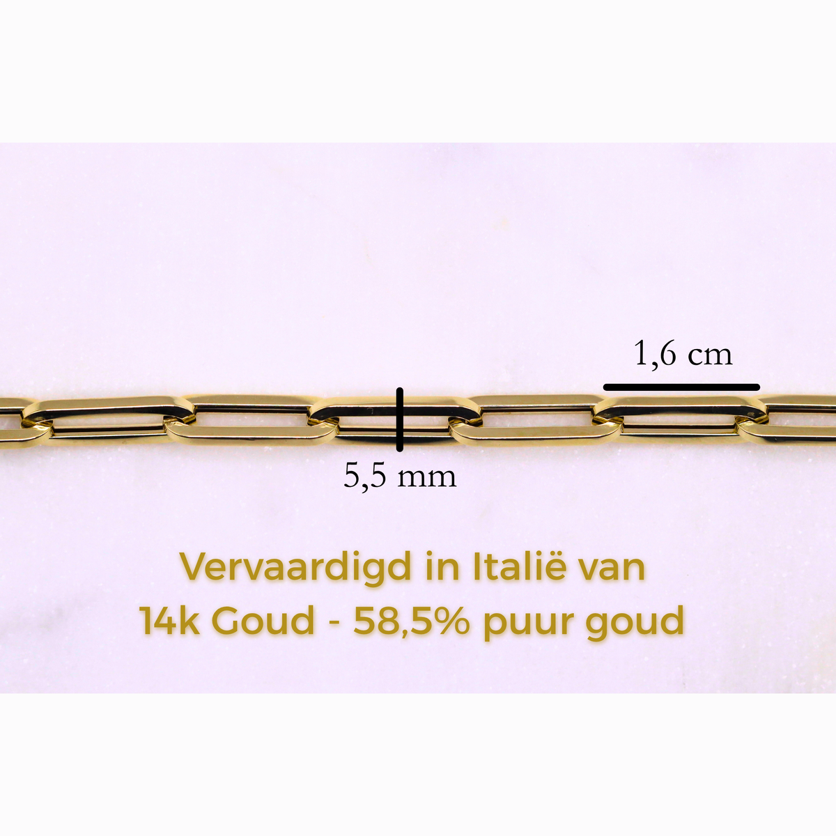 Long Paperclip Schakelarmband 5,5 mm 14k goud, specificaties en maatvoering, vervaardigd in Italië van 14k goud