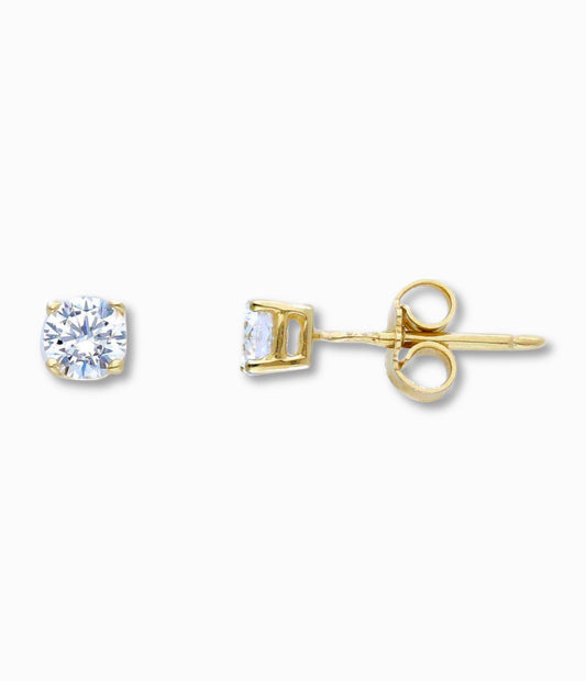 Solitaire oorstekers zirkonia 14k goud, productfoto voor- en zijaanzicht op witte achtergrond