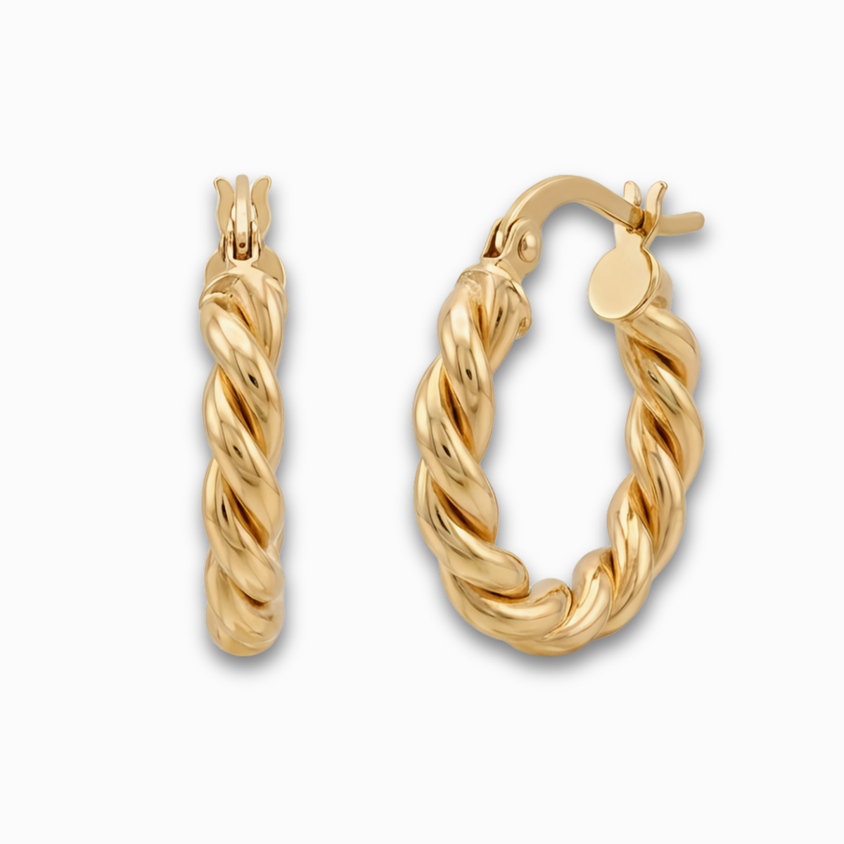 Gevlochten creolen 18 mm 14k goud, productfoto voor- en zijaanzicht op witte achtergrond