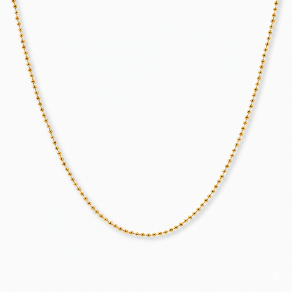 Bolletjesketting 1,5 mm 14k goud, hangend op witte achtergrond