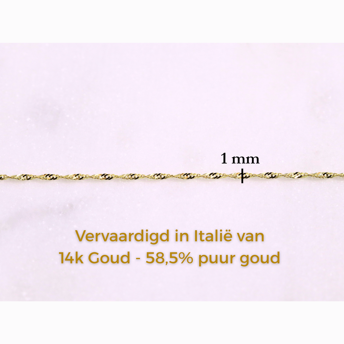Singapore Ketting 1 mm 14k goud, specificaties en maatvoering, vervaardigd in Italië van 14k goud