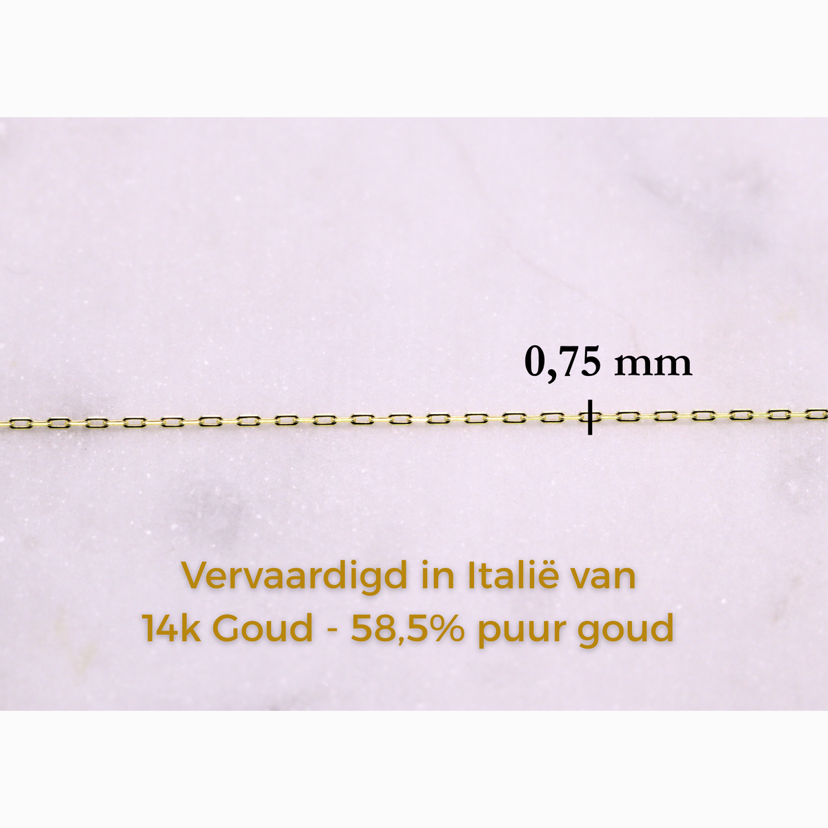 Kabel schakelketting 0,75 mm 14k goud, specificaties en maatvoering, vervaardigd in Italië van 14k goud