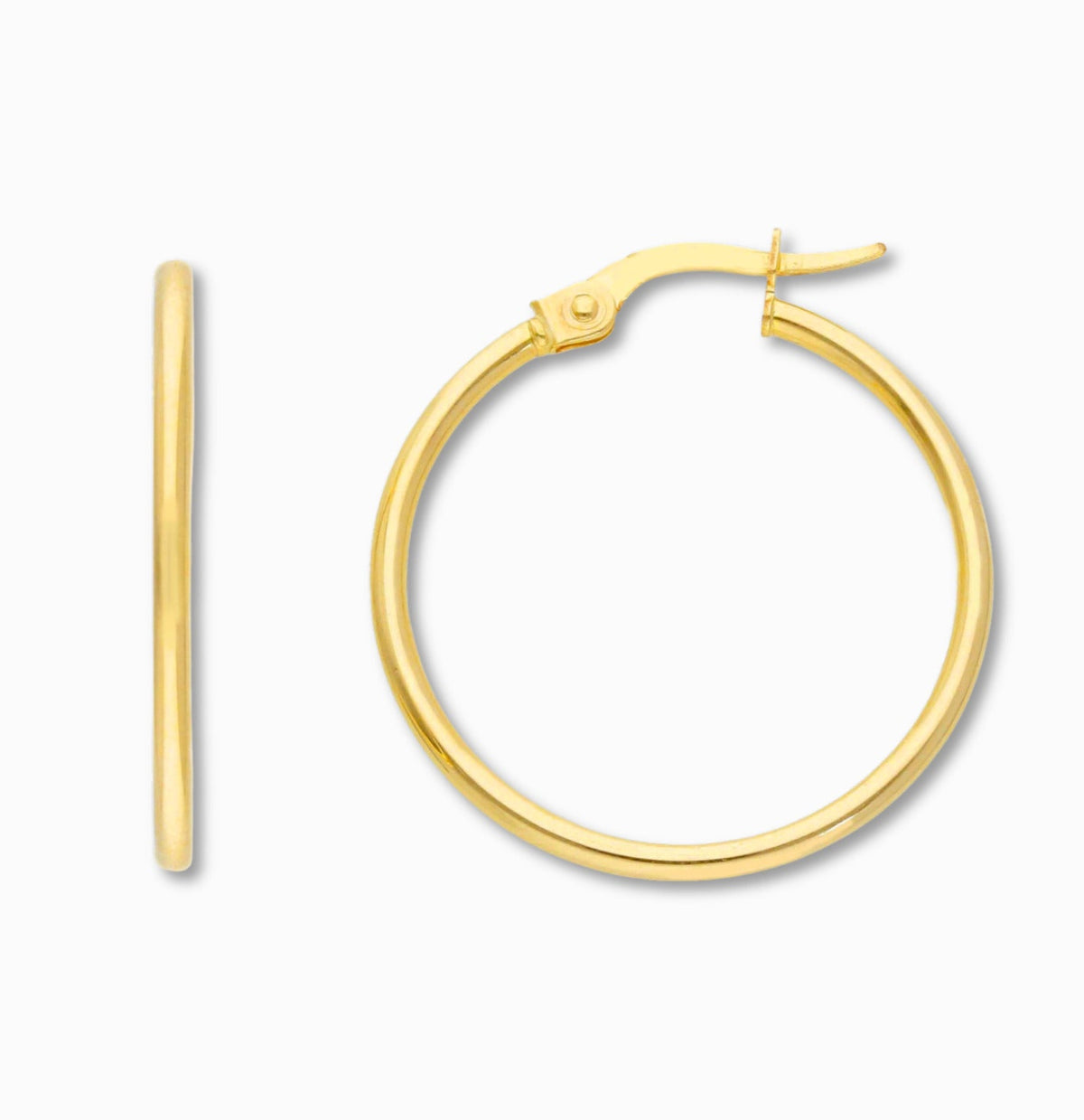 Creolen 25 mm 14k goud, productfoto voor- en zijaanzicht op witte achtergrond