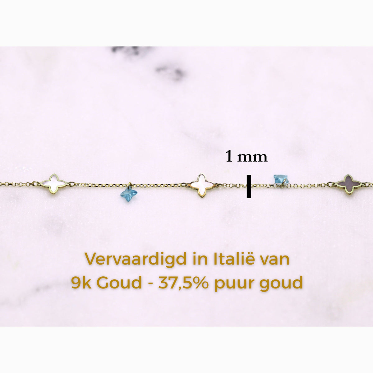 Klaver armband parelmoer & blauw detail 1 mm 9k goud, specificaties en maatvoering, vervaardigd in Italië van 9k goud