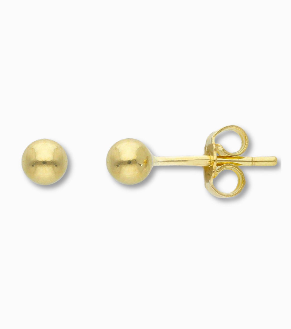 Bol oorstekers 4 mm 14k goud, productfoto voor- en zijaanzicht op witte achtergrond