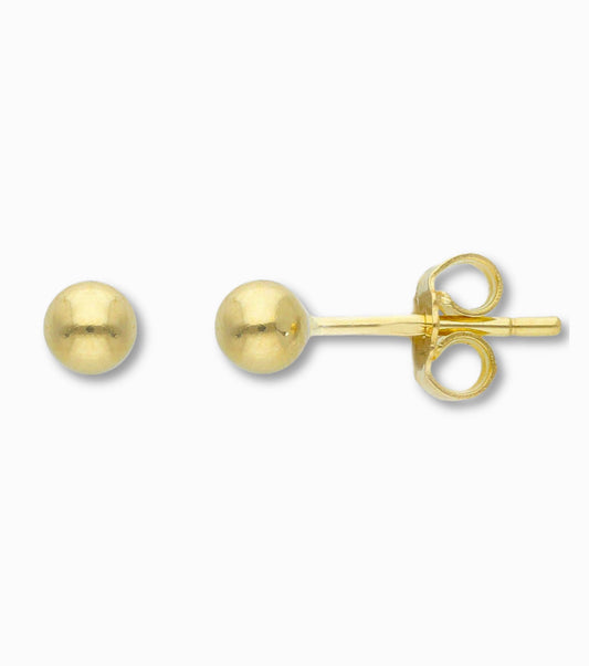 Bol oorstekers 4 mm 14k goud, productfoto voor- en zijaanzicht op witte achtergrond