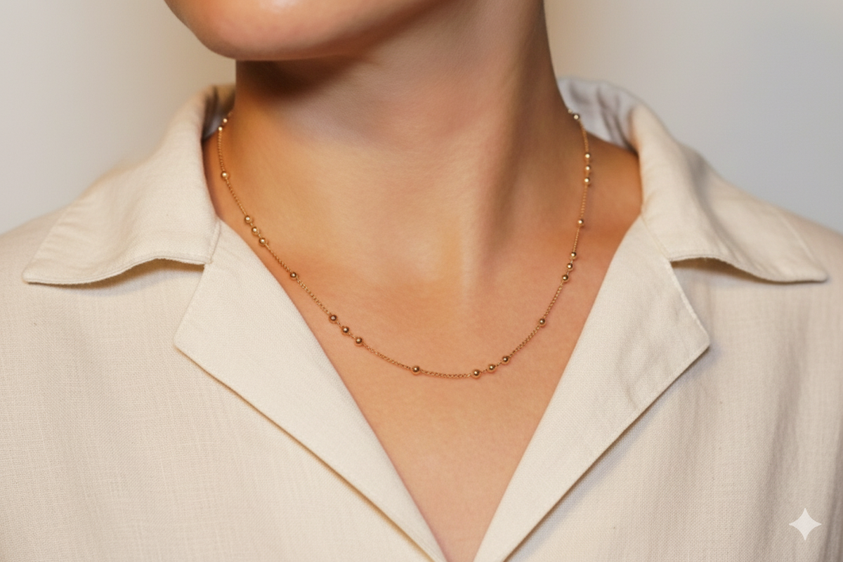 Bolletjes station ketting 3 mm 14k goud, gedragen om de hals door een model