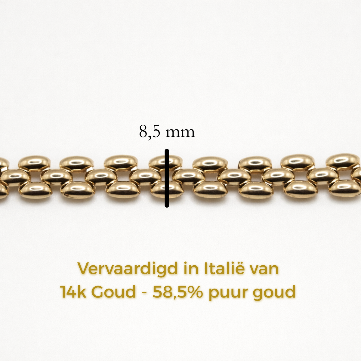 Panter armband 8,5 mm 14k goud, specificaties en maatvoering, vervaardigd in Italië van 14k goud