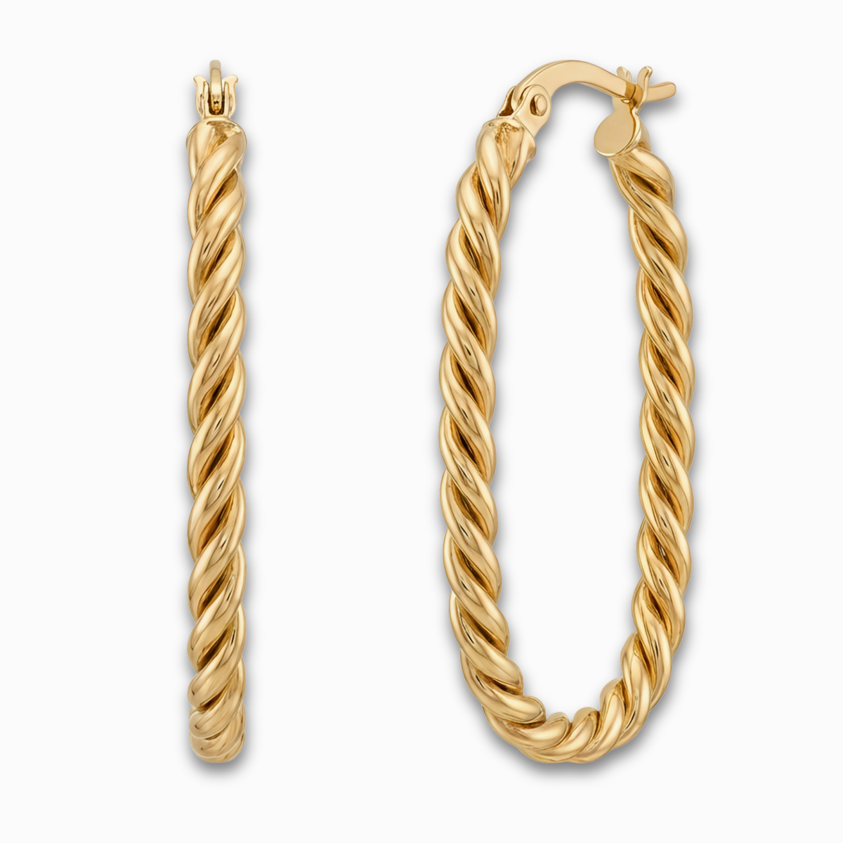 Gedraaide rechthoekcreolen 30 mm 14k goud, productfoto voor- en zijaanzicht op witte achtergrond