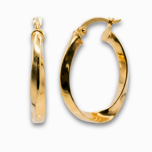 Gedraaide hoepel oorbellen 23 mm 14k goud, productfoto voor- en zijaanzicht op witte achtergrond