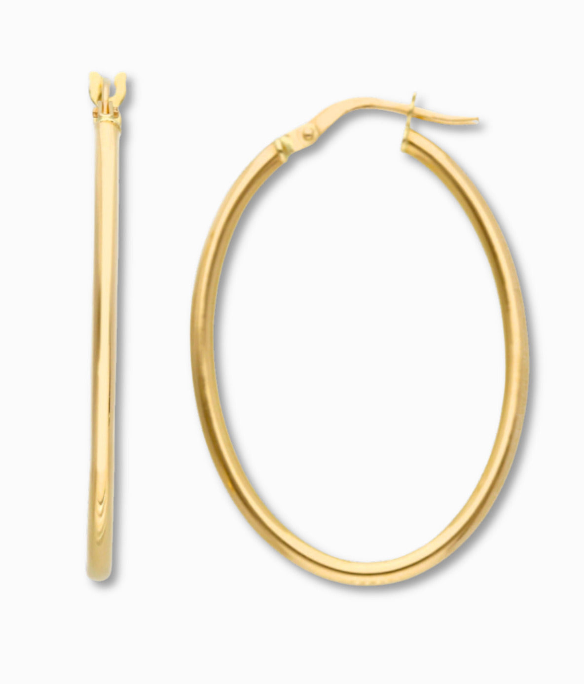 Ovale creolen 33 mm 14k goud, productfoto voor- en zijaanzicht op witte achtergrond