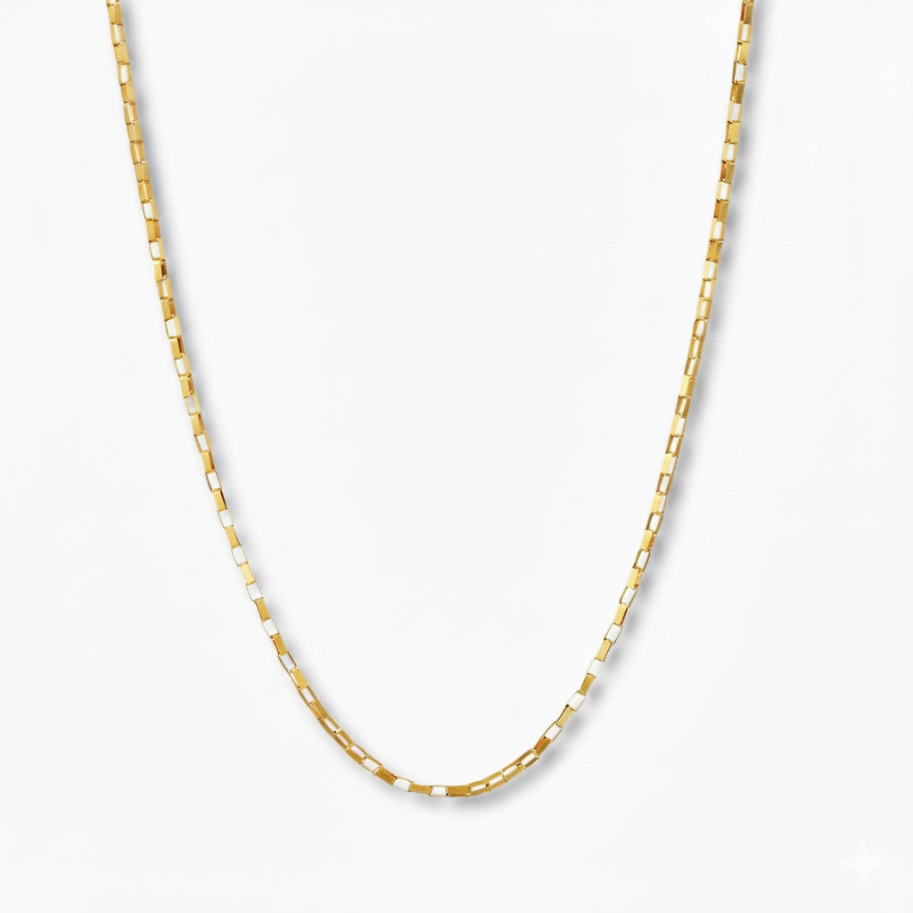 Boxketting 1,25 mm 14k goud, hangend op witte achtergrond