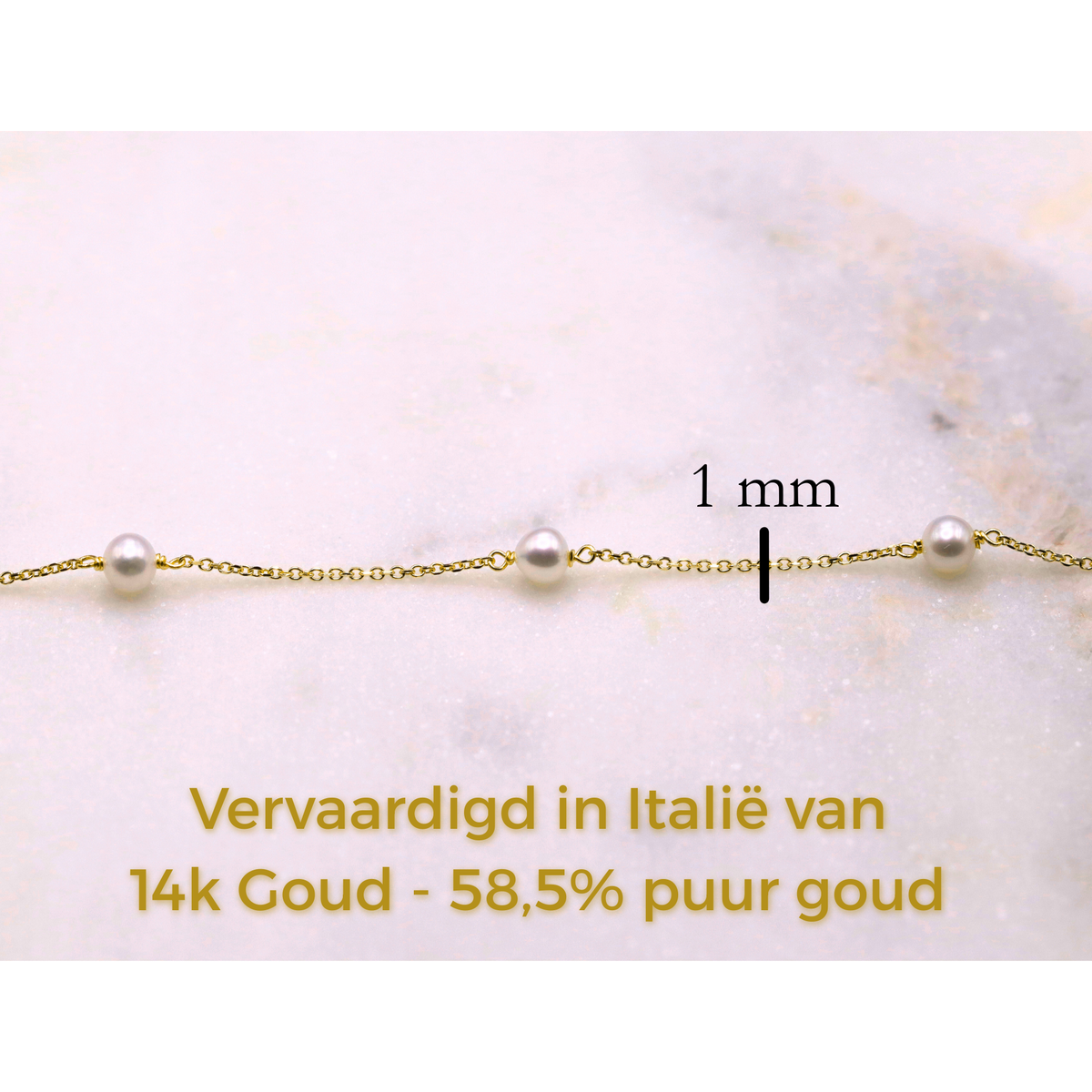 Parel armband fijne 4 mm parels 14k goud, specificaties en maatvoering, vervaardigd in Italië van 14k goud