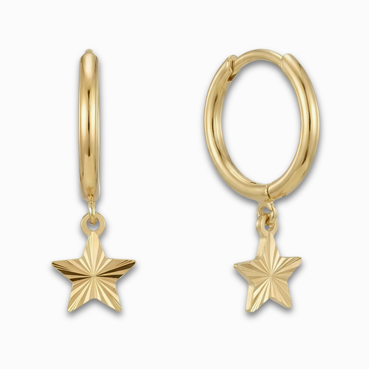 Ster-drop oorbellen 14k goud, productfoto voor- en zijaanzicht op witte achtergrond