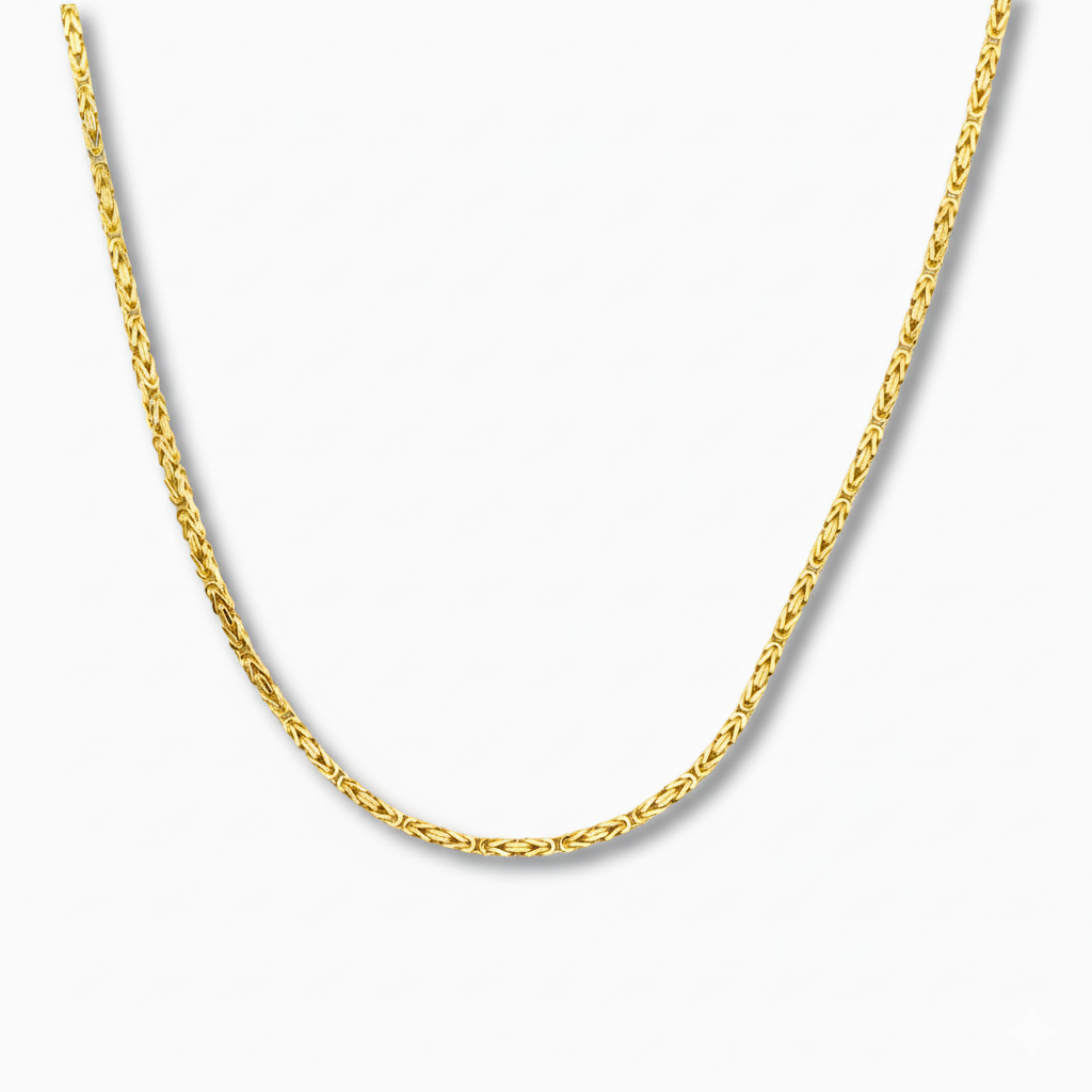 Byzantijnse ketting 2 mm 14k goud, hangend op witte achtergrond