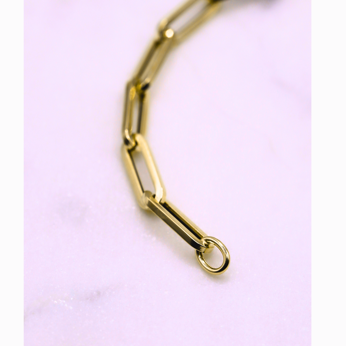 Long Paperclip Schakelarmband 5,5 mm 14k goud, detail van de springsluiting