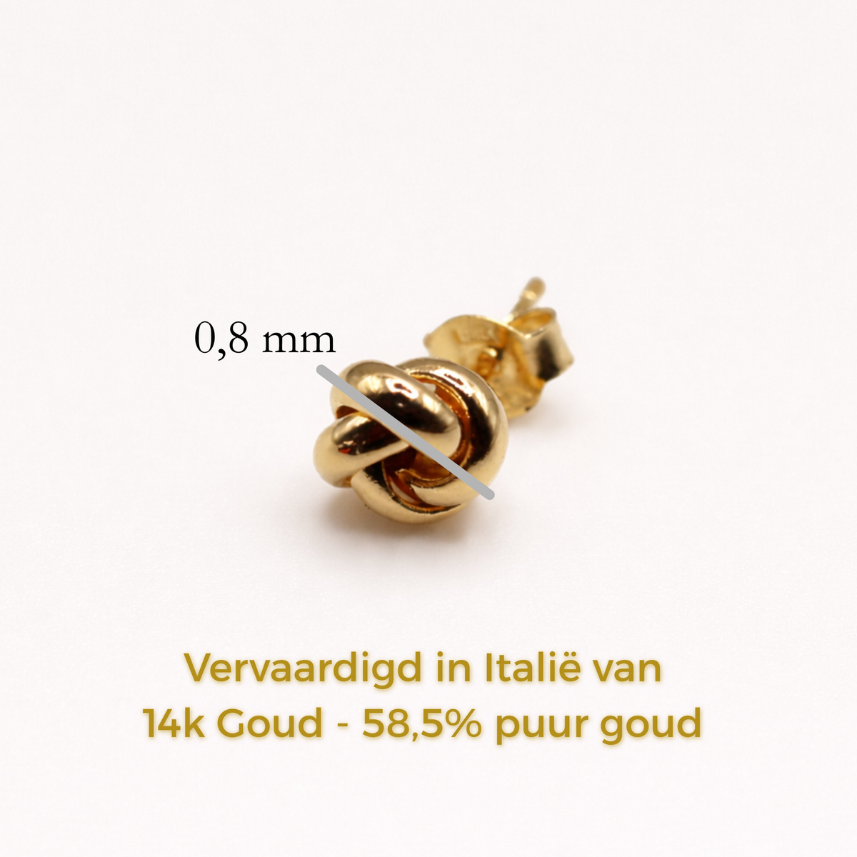 Knoop oorsteker 8 mm 14k goud, specificaties en maatvoering, vervaardigd in Italië van 14k goud