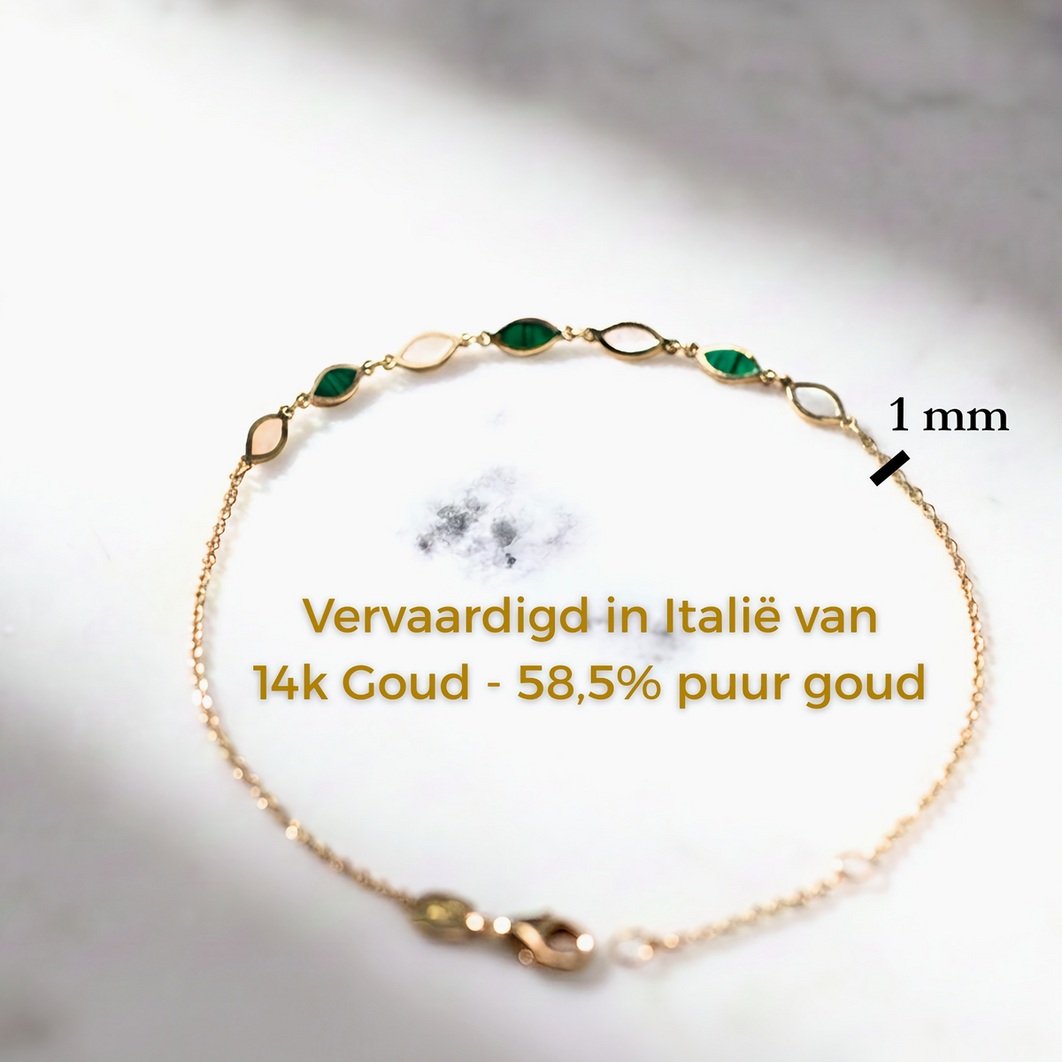 Edelsteen armband malachiet & parelmoer 1 mm 14k goud, specificaties en maatvoering, vervaardigd in Italië van 14k goud