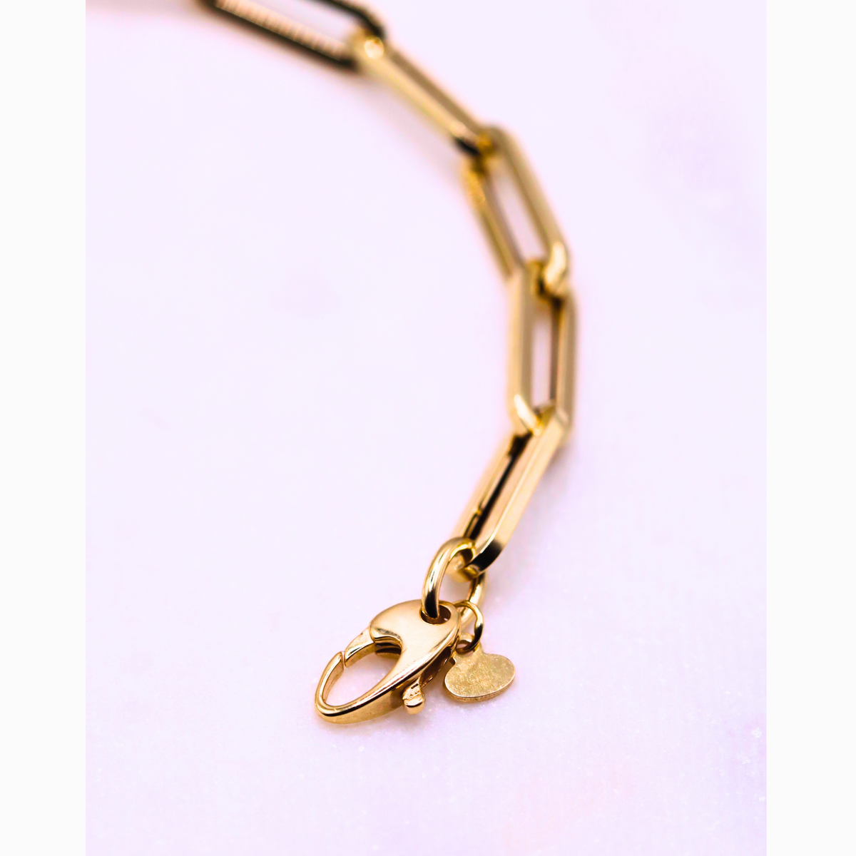 Long Paperclip Schakelarmband 5,5 mm 14k goud, detail van de karabijnsluiting