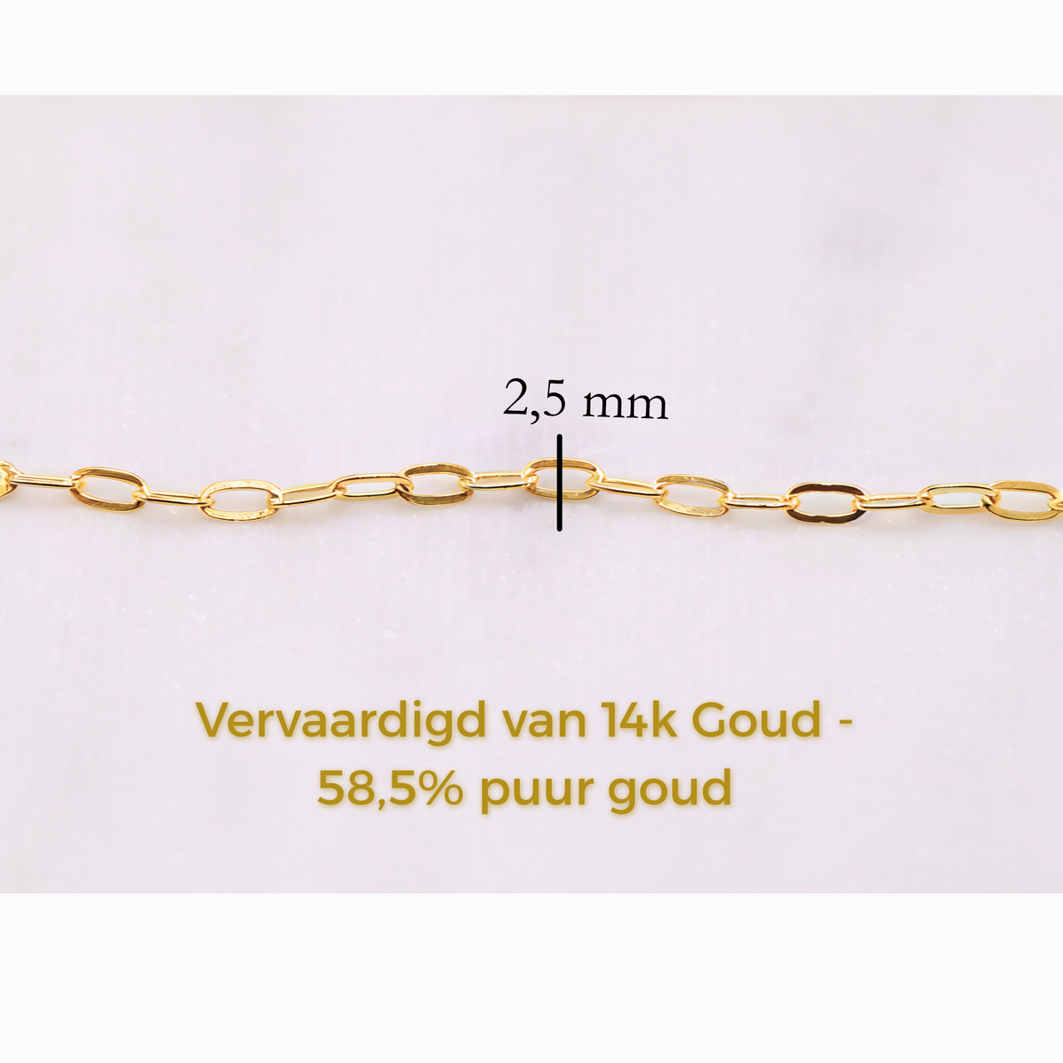 Ovale Schakelketting 2,5 mm 14k goud, specificaties en maatvoering, vervaardigd van 14k goud