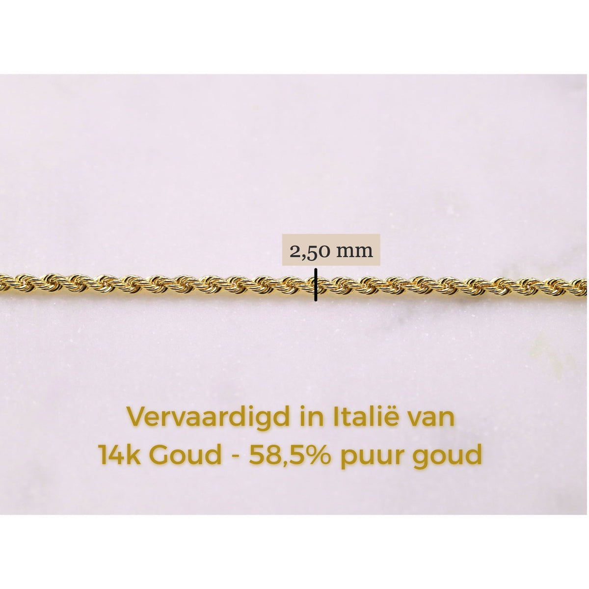 Rope Ketting 2,5 mm 14k goud, specificaties en maatvoering, vervaardigd in Italië van 14k goud