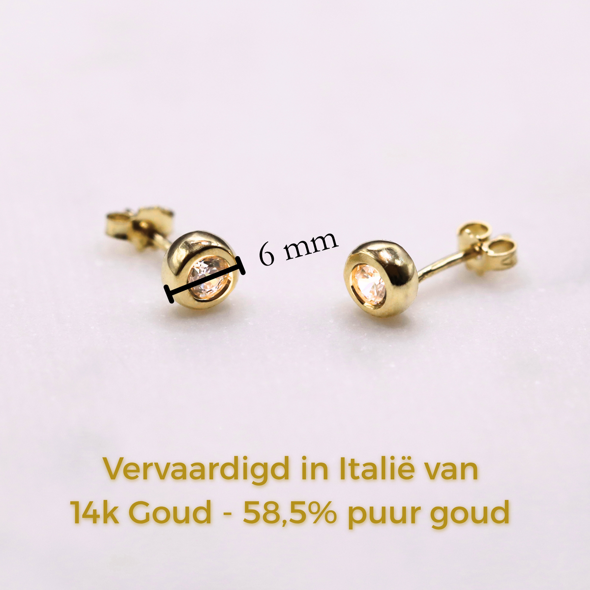 Bezel oorstekers zirkonia 14k goud, specificaties en maatvoering, vervaardigd in Italië van 14k goud